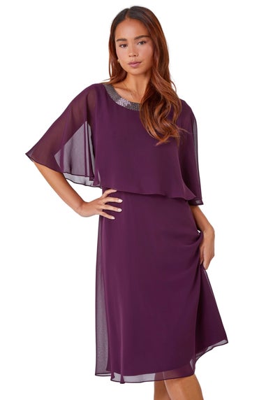 Roman Plum Petite Sparkle Chiffon Cape Dress