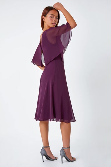Roman Plum Petite Sparkle Chiffon Cape Dress
