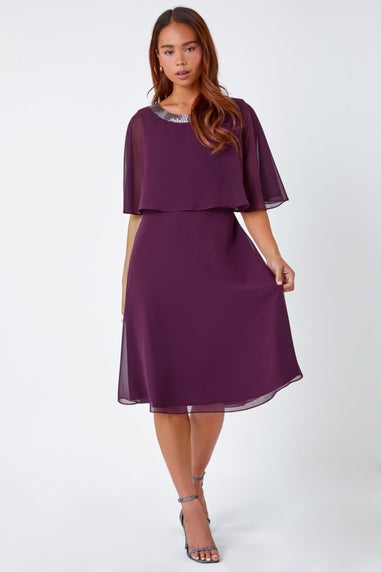 Roman Plum Petite Sparkle Chiffon Cape Dress