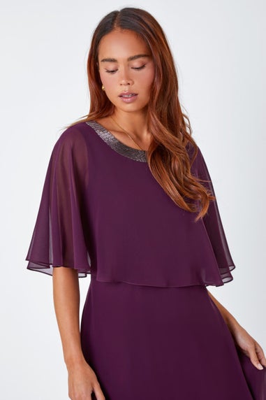 Roman Plum Petite Sparkle Chiffon Cape Dress