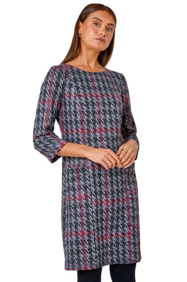 Roman Red Houndstooth Pocket Shift Stretch Dress