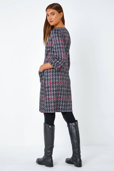 Roman Red Houndstooth Pocket Shift Stretch Dress