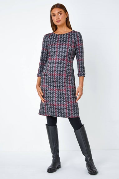 Roman Red Houndstooth Pocket Shift Stretch Dress