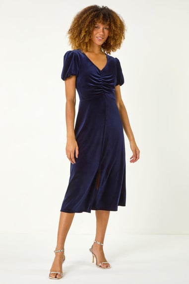 Roman Navy Velvet Ruched Bodycon Midi Dress