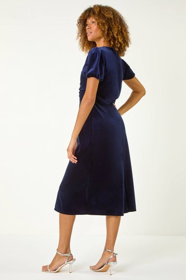 Roman Navy Velvet Ruched Bodycon Midi Dress