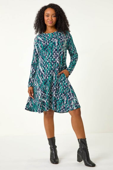 Roman Teal Petite Spot Print Swing Stretch Dress