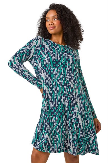 Roman Teal Petite Spot Print Swing Stretch Dress