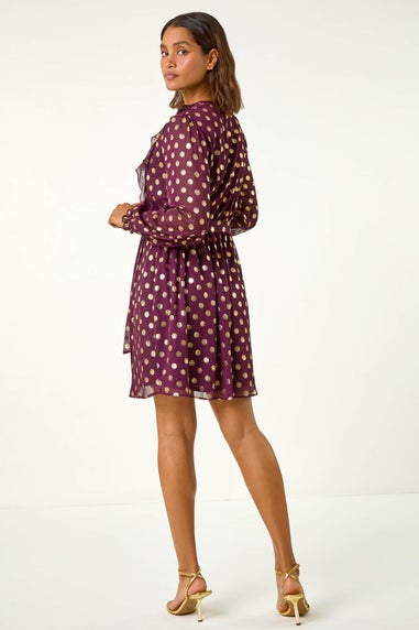 Roman Burgundy Foil Print V-Neck Fit & Flare Ruffle Dress