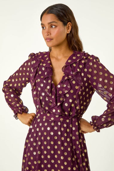 Roman Burgundy Foil Print V-Neck Fit & Flare Ruffle Dress