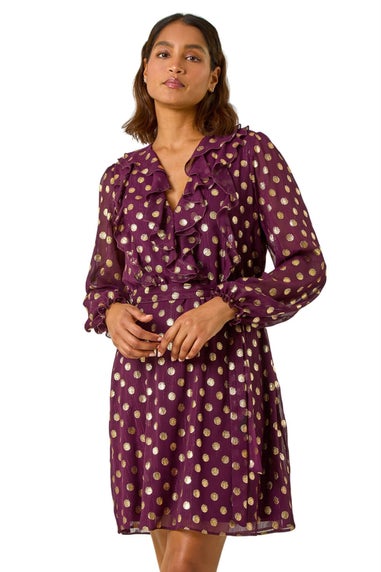 Roman Burgundy Foil Print V-Neck Fit & Flare Ruffle Dress