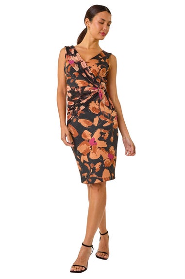 Roman Beige Floral Ruched V-Neck Dress