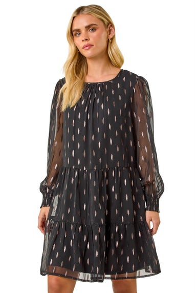 Roman Black Petite Metallic Jacquard Dress