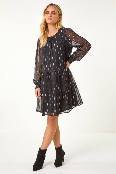 Roman Black Petite Metallic Jacquard Dress