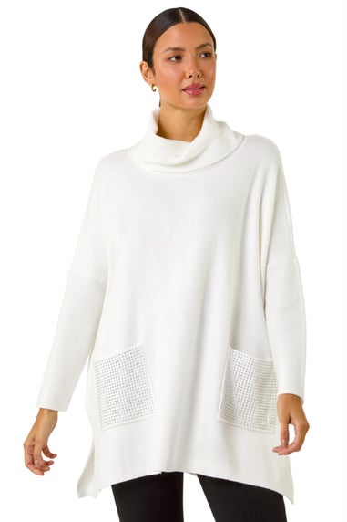 Roman Ivory Sparkle Pocket Detail Poncho Jumper