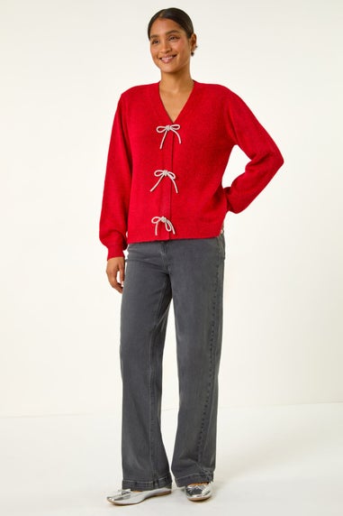 Roman Red Bow Embelished Knit Cardigan