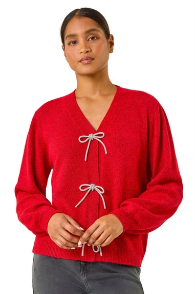 Roman Red Bow Embelished Knit Cardigan