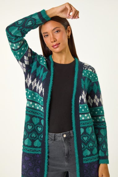 Roman Teal Fairisle Heart Pattern Cardigan