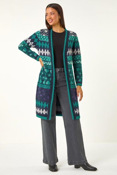 Roman Teal Fairisle Heart Pattern Cardigan