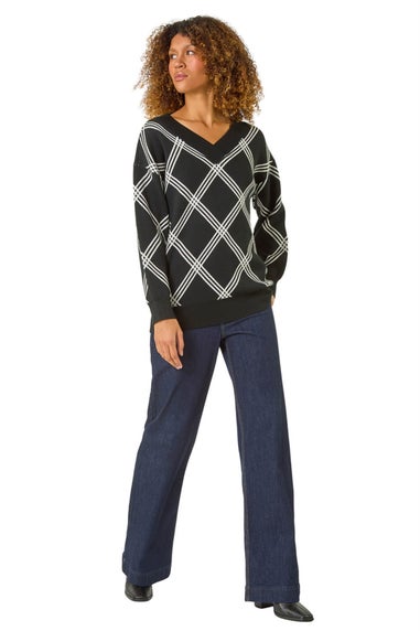 Roman Black Check Patterned V-Neck Knit Jumper