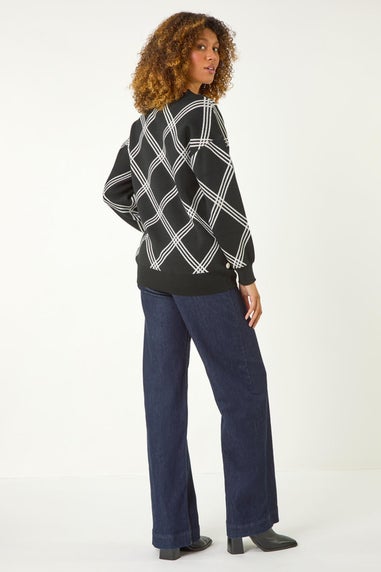 Roman Black Check Patterned V-Neck Knit Jumper