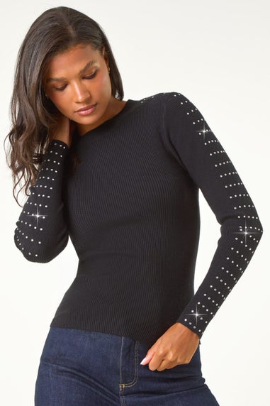 Roman Black Hotfix Stud Sleeve Jumper