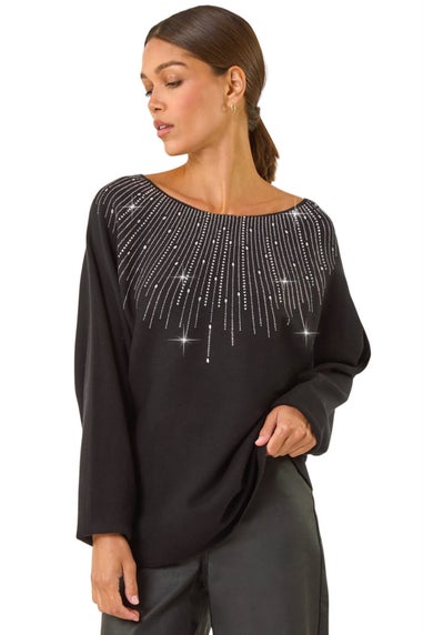 Roman Black Hotfix Embellished Neck Knit Jumper