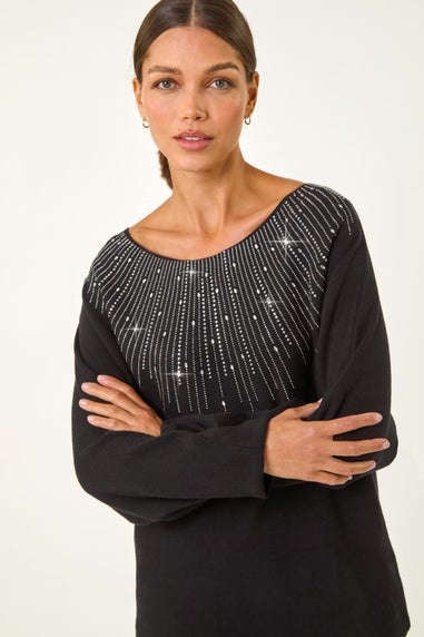 Roman Black Hotfix Embellished Neck Knit Jumper