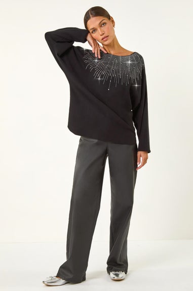 Roman Black Hotfix Embellished Neck Knit Jumper