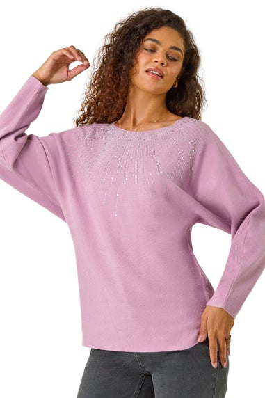 Roman Mauve Hotfix Embellished Neck Knit Jumper