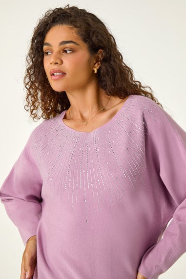 Roman Mauve Hotfix Embellished Neck Knit Jumper