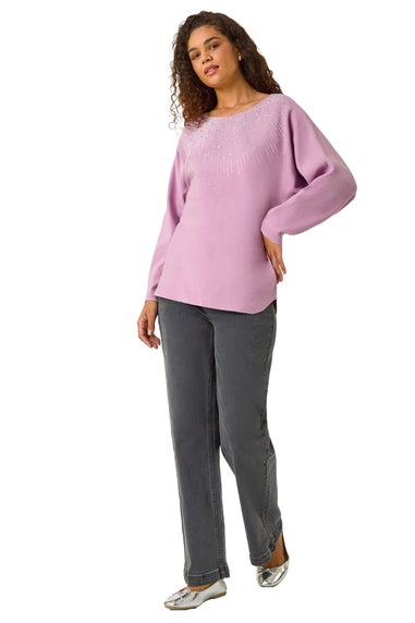 Roman Mauve Hotfix Embellished Neck Knit Jumper