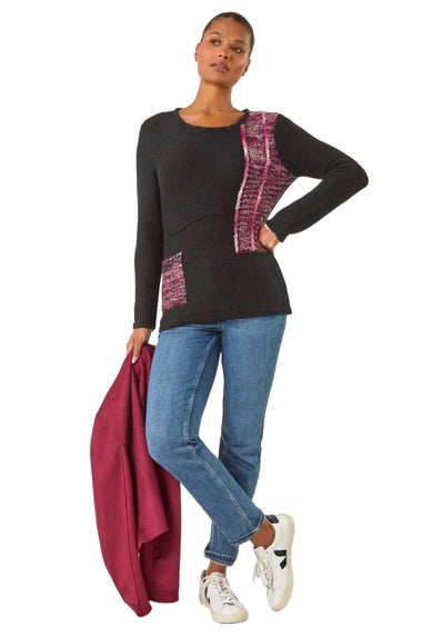 Roman Black Contrast Textured Knit Jumper