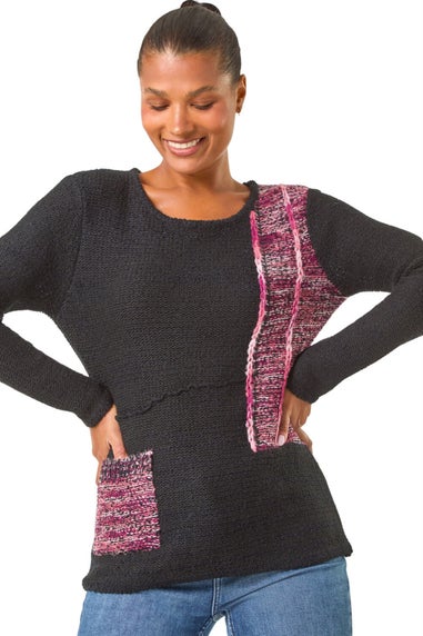 Roman Black Contrast Textured Knit Jumper