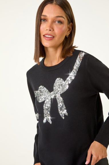 Roman Black Bow Sequin Detail Knit Jumper