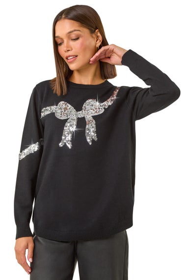 Roman Black Bow Sequin Detail Knit Jumper