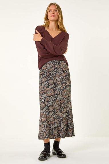Roman Mocha Floral Print Paneled Tulip Skirt