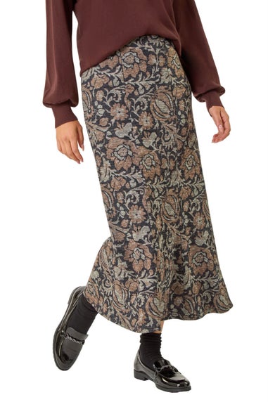 Roman Mocha Floral Print Paneled Tulip Skirt