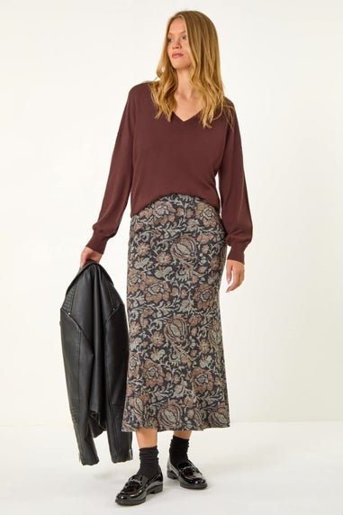 Roman Mocha Floral Print Paneled Tulip Skirt