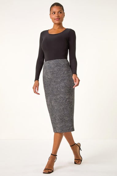 Roman Camel Abstract Print Elastic Waist Pencil Skirt