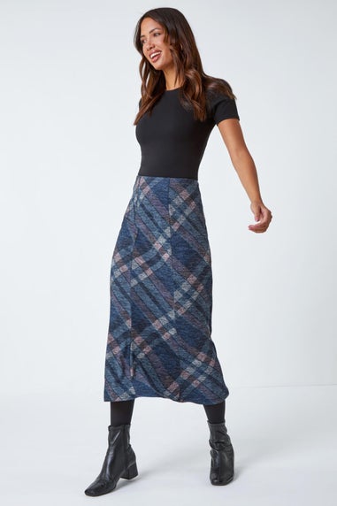 Roman Navy Panelled Check Print Elastic Waist Midi Skirt