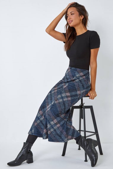 Roman Navy Panelled Check Print Elastic Waist Midi Skirt