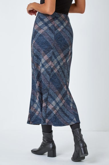 Roman Navy Panelled Check Print Elastic Waist Midi Skirt