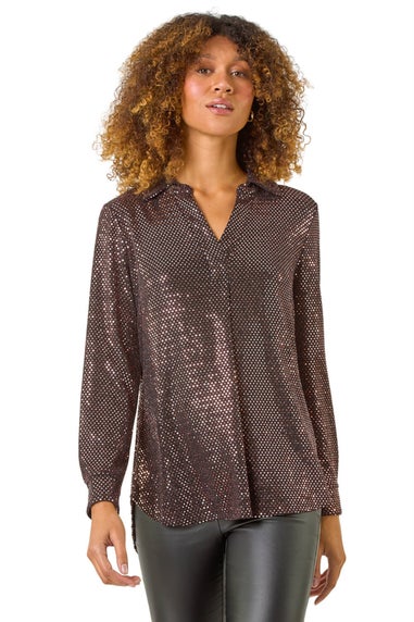 Roman Bronze Sequin Stretch Shirt Top
