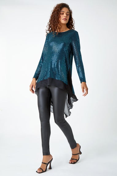 Roman Turquoise Chiffon Hem Sequin Stretch Tunic Top