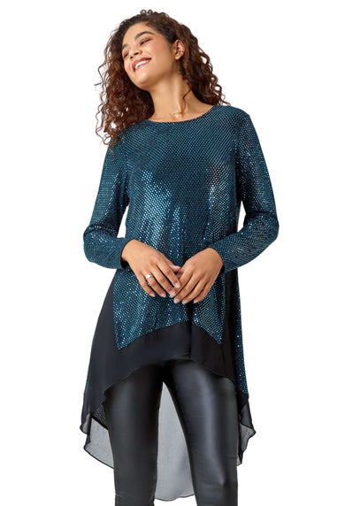 Roman Turquoise Chiffon Hem Sequin Stretch Tunic Top