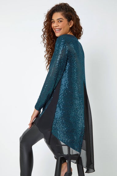 Roman Turquoise Chiffon Hem Sequin Stretch Tunic Top