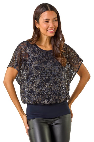 Roman Navy Metallic Lace Bubble Hem Top