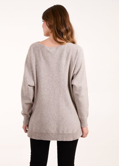 Blue Vanilla Brown Pocket Slash Neck Jumper