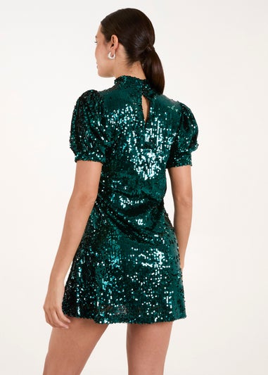 Blue Vanilla Green Puff Sleeve Sequin Dress