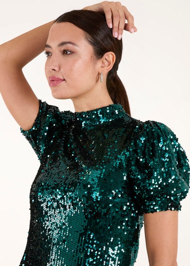 Blue Vanilla Green Puff Sleeve Sequin Dress